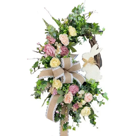Corona De Conejito De Pascua Con Plantas Artificiales Para D