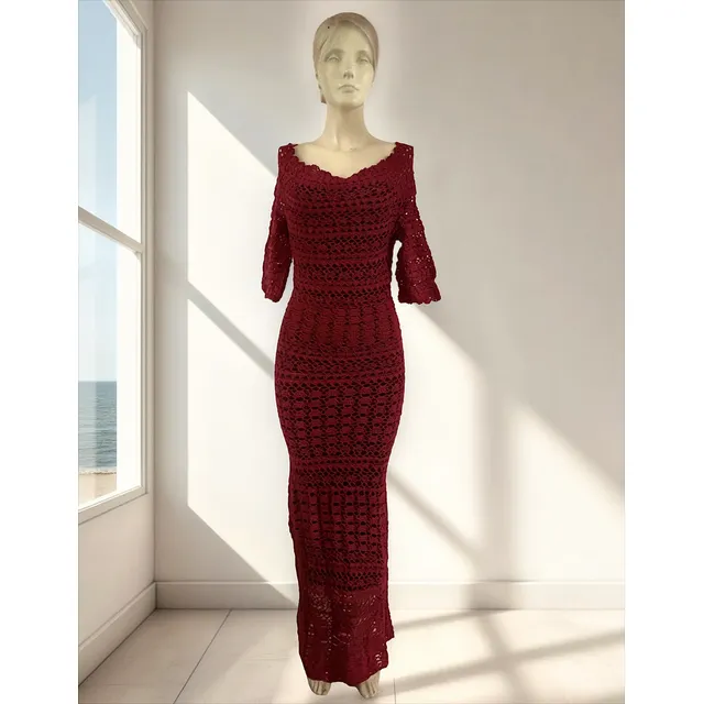 Vestido Largo De Fiesta En Crochet Rojo Talla S/m