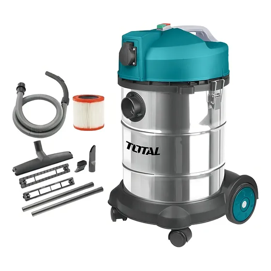 Aspiradora De Tacho Total 1400w Industrial, Seco Húmedo, Polvo Agua - Acero Inoxidable, Capacidad 30 Litros - Incluye Ruedas Y Accesorios - Tvc14301 220v
