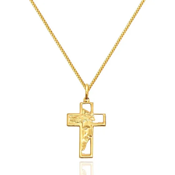 Corrente Com Pingente Cruz Face Cristo Ouro 18k 40cm