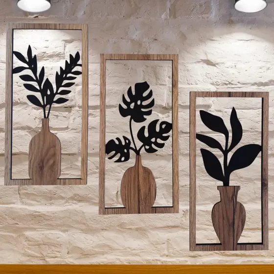 Cuadro Triptico Madera Moderno Deco Planta Jarròn Hogar M40