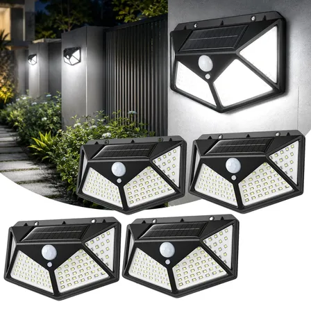 Kit 4 Luminária Solar 100 Leds A Prova D'água Parede Externa 127/220v Preto