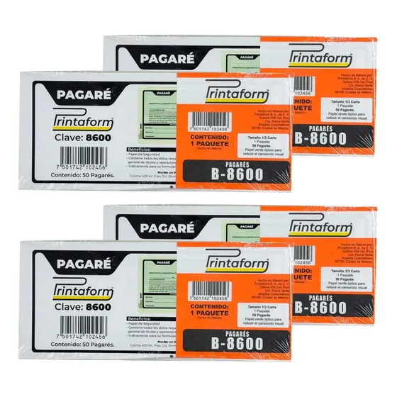 Paquete Con 4 Block Pagare 50 Hojas C/u  Printaform