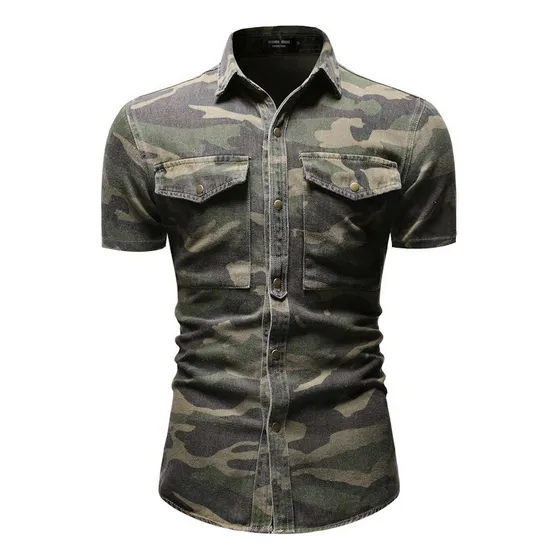 Camisa Denim Camuflaje Verde Militar De Manga Larga [u]