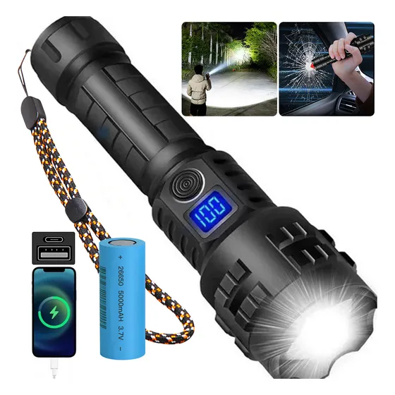 Linterna 100000 Lumen Iluminación Tácticas Led Recargables 5000mAh Xvakiemu Luces Cabeza Portátil De Alta Potencia Con Zoom, Impermeablecon 5 Modos De Iluminacióncon Martillo Emergencia