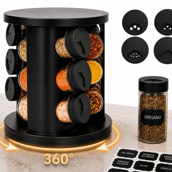 Porta Temperos Condimentos 9 Potes De Vidro Base Giratória 360° 9 Etiquetas Adesiva Organizador Cozinha Dosador Suporte Bancada Mesa Orégano Sal Páprica Pimenta Indue Variedades