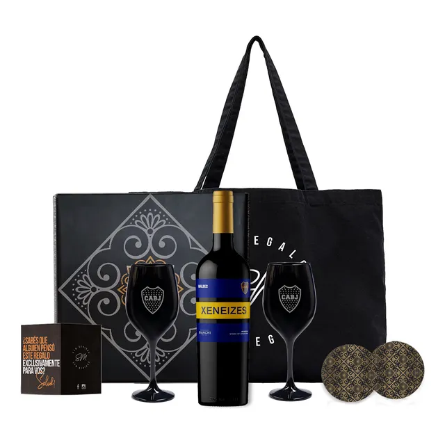 Box Vino Xeneizes Bianchi Con Copas Negras Escudo De Boca