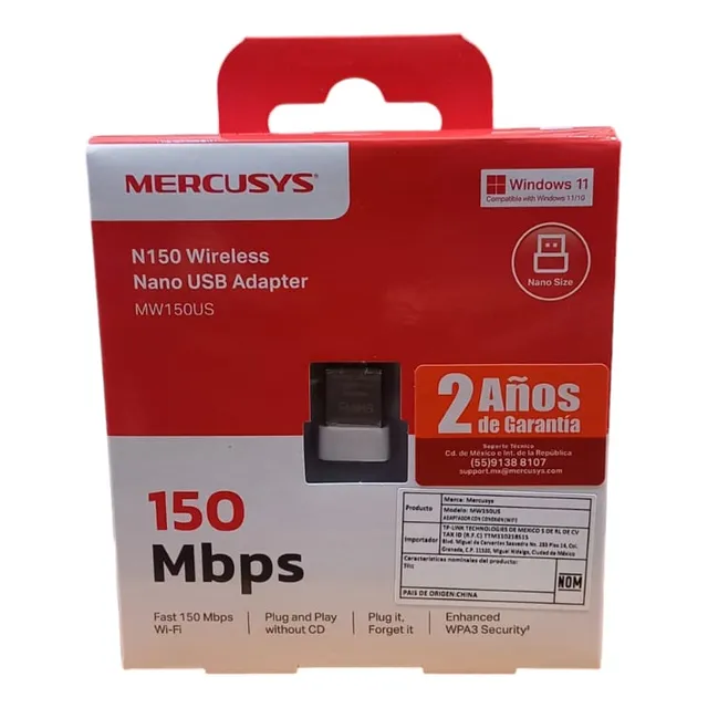 Adaptador De Red Mercusys Usb Wifi Mw150us Nano N150mbps Blanco