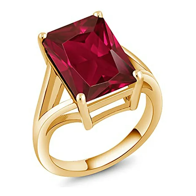 Anillo Solitario Rubí Creado Corte Esmeralda 8k