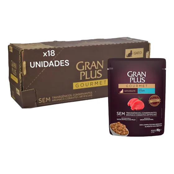 Caixa Ração Úmida Granplus Atum Gatos Adultos 18 Sachês, 85g cada