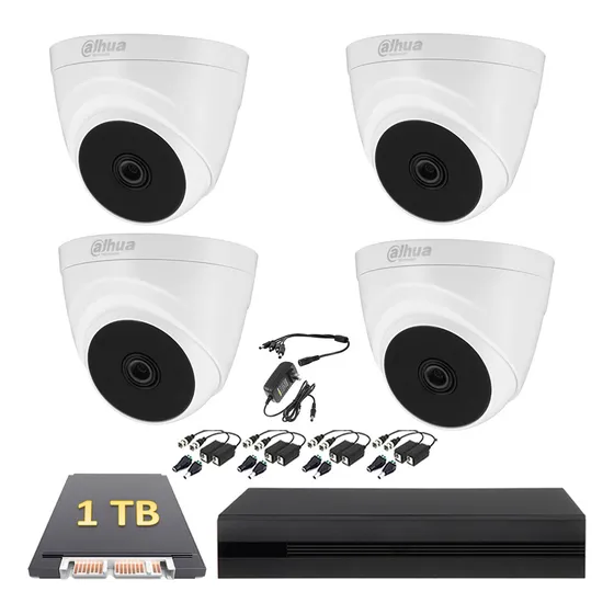 Kit De Video Vigilancia 4 Cámaras Domo 2mp T1a21u Dahua - Dvr 4 Canales Full Hd 1080p - Disco 1TB - Juego de baluns sin cable - Accesorios KITDAH4BPBAL1TB Cctv Circuito Cerrado Procam