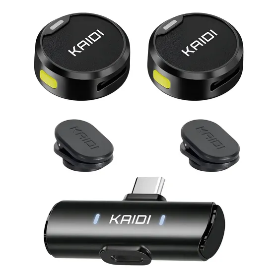 Microfone de Lapela Sem Fio Kaidi KMF4-C Entrada tipo C Android e Iphone 15 16 17 Omnidirecional