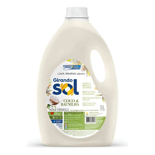 Galão de 5 litros de lava-roupas líquido Girando Sol fragrância Coco e Baunilha com rótulo informativo