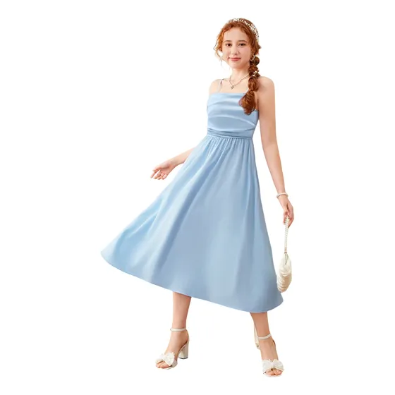 Vestido De Longitud Media Elegante Con Pliegues Para Niña 7y