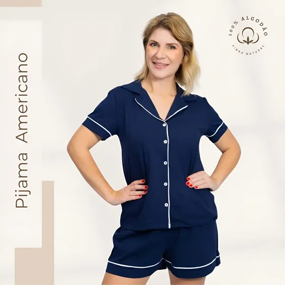 Pijama Americano Feminino Algodão Curto Amamentação Marinho