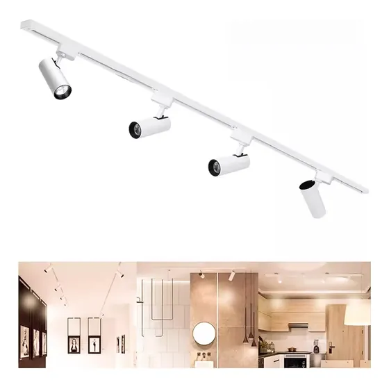 4 Foco Riel Luz Cálida 30w 3000k+ Riel Monofásico 2mt Negro