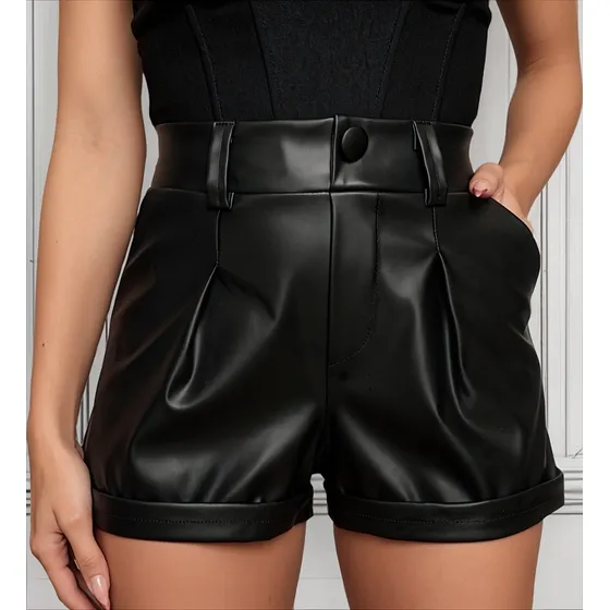 Shorts Couro Fake Ecológico Moda Cinto Cintura Alta Botão