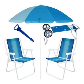 Kit Carrinho De Praia + Guarda Sol + 2 Cadeiras + Saca Areia Cor Azul Kit Carrinho De Praia + Guarda Sol + 2 Cadeiras + Saca Areia Cor Azul