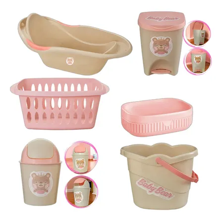 Kit Banho Bebê Menina Banheira Cesto Lixeira E Saboneteira Rosa Ursinho