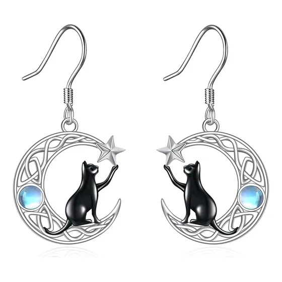 Aros Gato Pendientes Luna Plata 925 Mujer Regalo