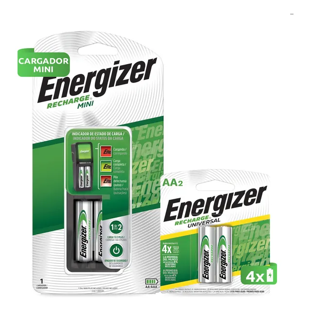 Combo Cargador Energizer Mini + 4 X Pilas Recargables Aa 