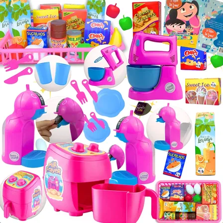 Kit Cozinha Brinquedo Eletrodomésticos + Comidinhas - 24pcs Rosa