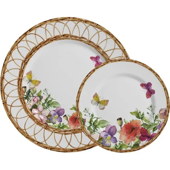 Conjunto 4 Pratos Rasos 4 Sobremesa Flores Rattan Alleanza 