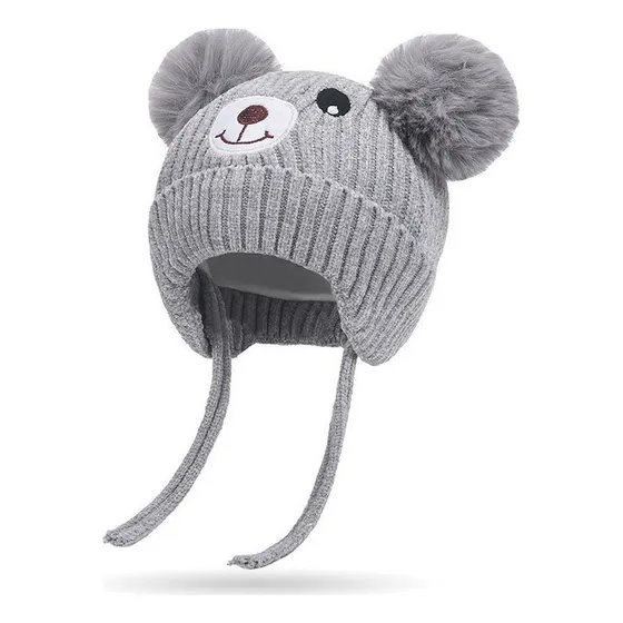 L Kit 2 Gorra Infantil De Lana Negra Con Pompón Y Forro Frío