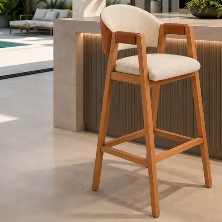 Banqueta Luna Alta Para Balcão Heluca Design Madeira Courano E Linho Caramelo E Bege