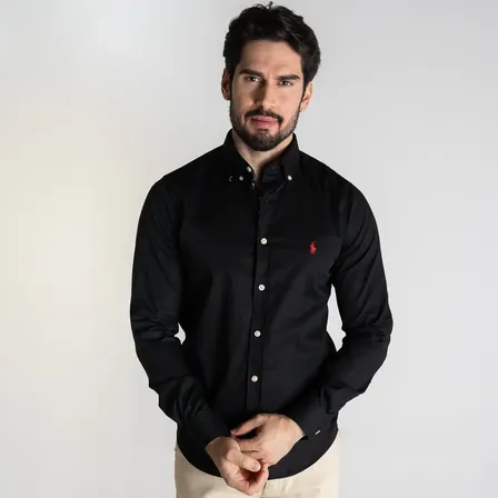 Camisa Ralph Lauren Slim Masculina Manga Longa Preta