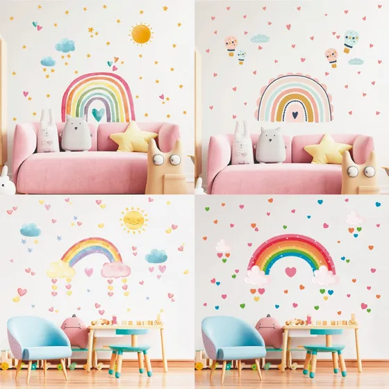 Vinilo Decorativo Infantil Arcoiris Nordicos Nenas Acuarela