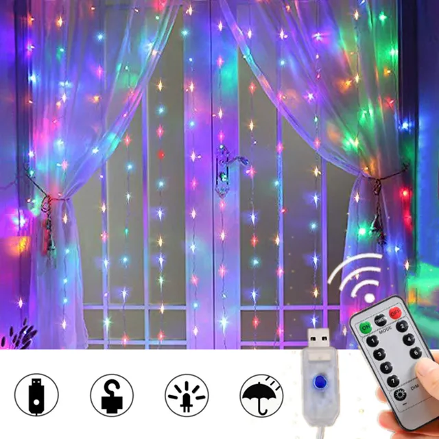 Cortina Luces Fiesta Decoración 300 Led Usb 3x3m Colorido