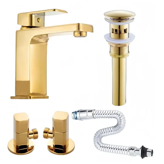 Grifo Lavabo Baño Hotel Cuadrado Cobre Dorado Completo Agua