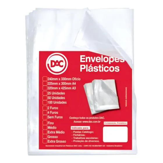 Envelope Plástico A3 0.12 4 Furos 5324 Pct 50 Unid Dac