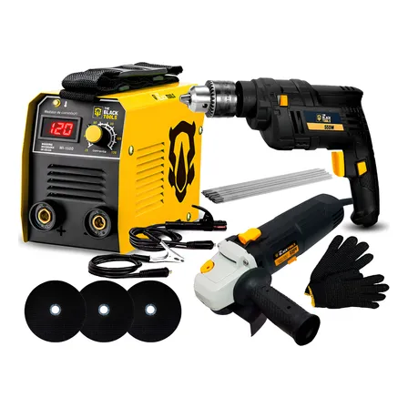 Maquina De Solda Eletrica Inversora Mma 120a Visor Digital Com Furadeira 3/8 E Esmerilhadeira 4.1/2 The Black Tools