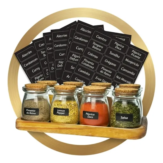 Kit 8 Potes De Vidro 100ml Porta Tempero + Suporte Madeira