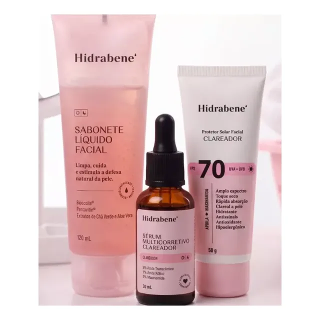 Kit Hidrabene Linha Clareadora Sabonete Serum E Protetor 70