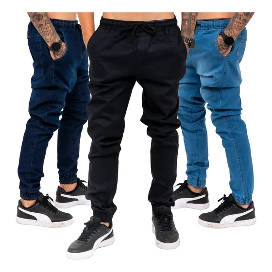 Kit 3 Calças Jogger Masculina Jeans Com Punho Elastico