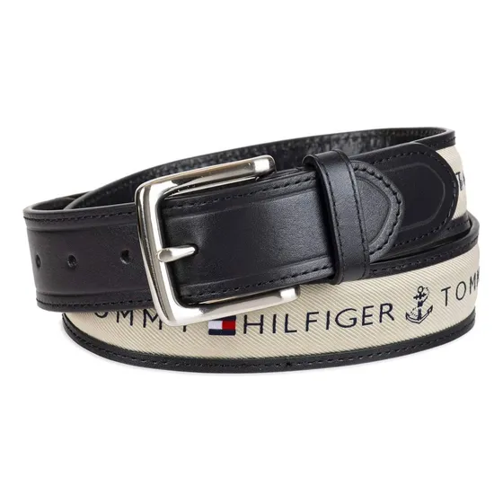 Cinto Tommy Hilfiger Negro Khaky Letras Y Bandera Alrededor Diseño De La Tela Lisa Talla 30