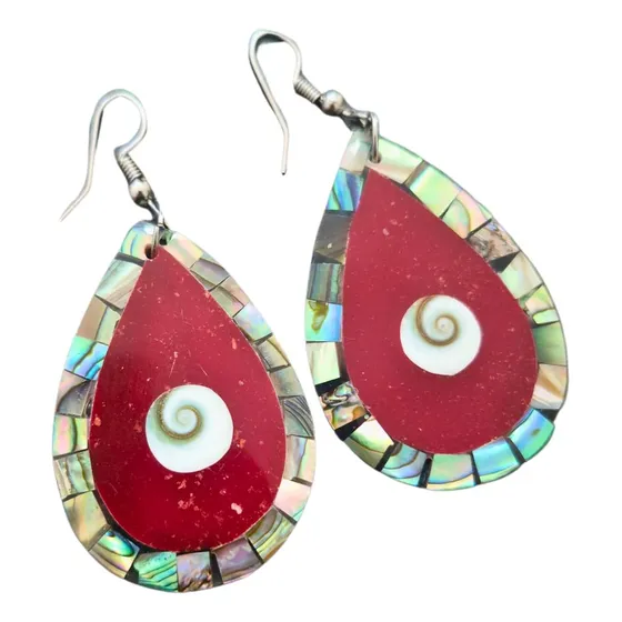 Brinco Coral Vermelho Com Abalone Anzol Concha Natural