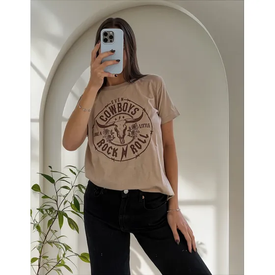 Remera Algodón Prelavado Estampada Mujer Cowboy Toro Rock