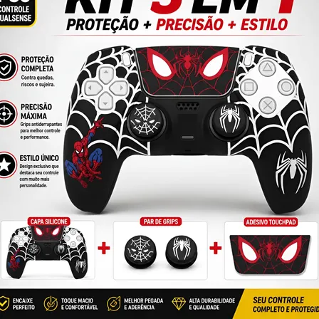 Capa Para Controle Ps5 + Par De Grip´s + Skin Para Touch Pad - Edição Limitada - Totalmente Compatível Com Controles Ps5 Homem Aranha 05 Capinha De Silicone Para Ps5