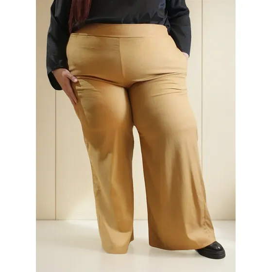 Pantalón Palazzo Lino 100% Satcha Camel Talles Grandes