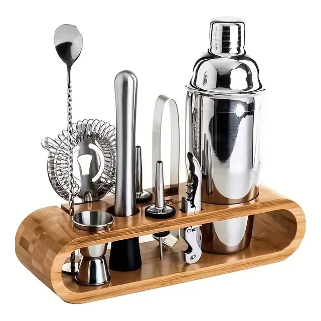 Kit de coctelera de acero inoxidable y soporte de bambú con 10 piezas Mimos e Viagens Coqueteleira 500 mL
