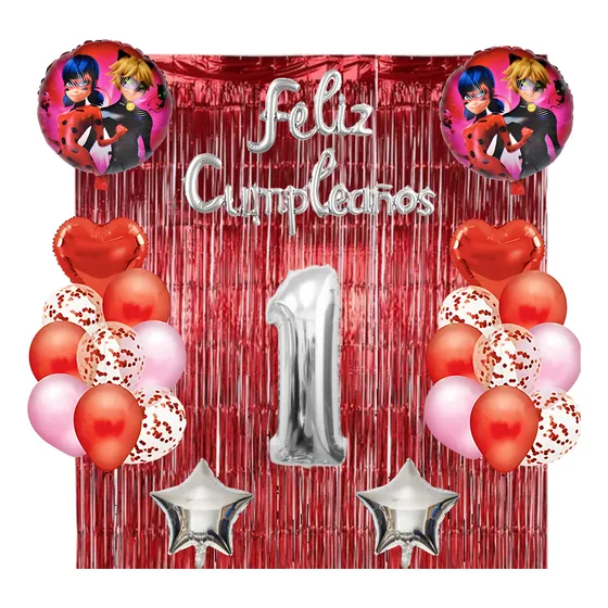 Combo Kit Cumple Ladybug Decoració Cortina + Globos Cotillon