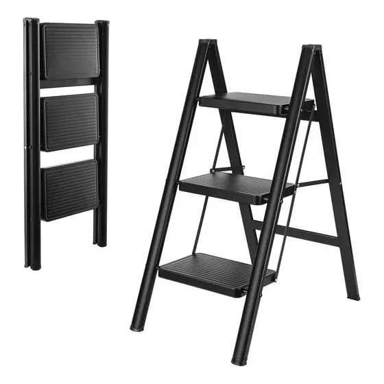 Escalera Acero De Carbono Plegable 3 Escalones, Hasta 150kg Color Negro