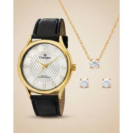Relógio Champion Feminino Dourado Couro Luxo Kit Brincos Preto Como Na Foto