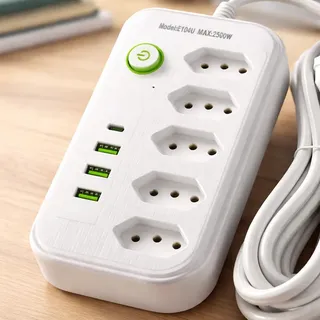 Extensão 5 Tomadas E 3 Usb 1 Pd Led Power Bivolt Branco 127/220v
