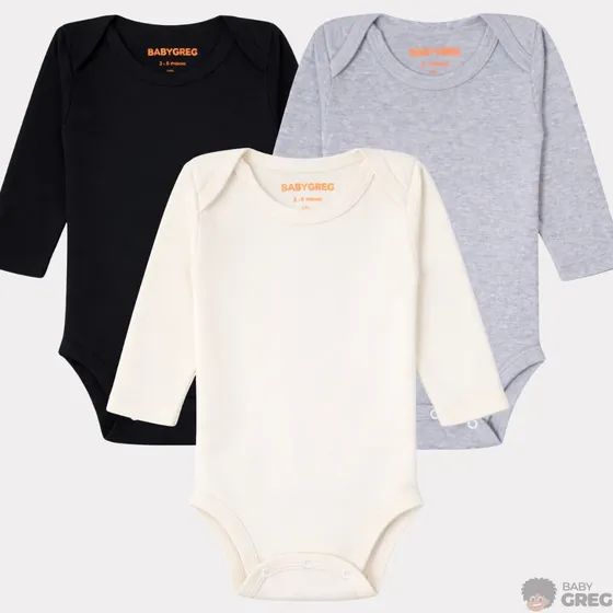 Kit 3 Body Manga Longa Minimalista Para Bebê - 100% Algodão