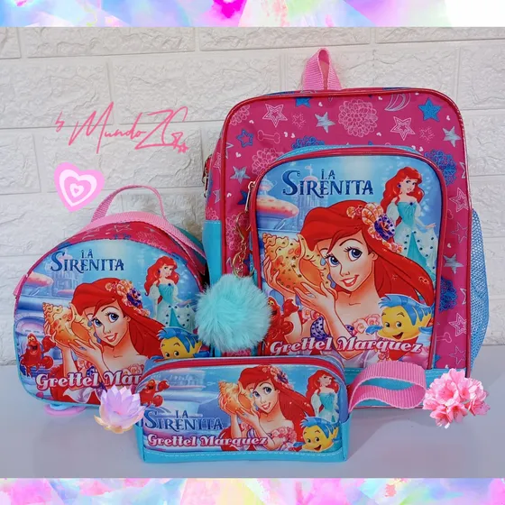 Set Morral Lonchera Cartuchera Sirenita Niña